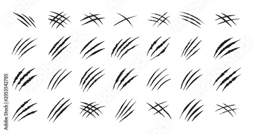 Claw scratches isolated. Black Bear tiger claws trails, animal scratched white paper. Flat scratch marks, racy wild beast tracks clipart