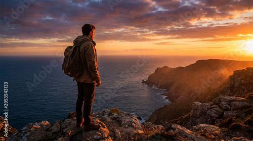 Man standing on cliff at sunset with backpack