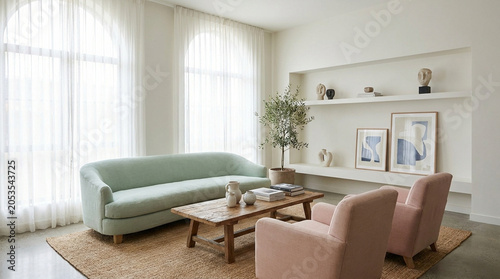 Modern Minimalist Living Room with Pastel Sofa and Accent Chairs