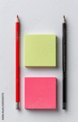 Red and black pencils frame vibrant neon sticky notes on white