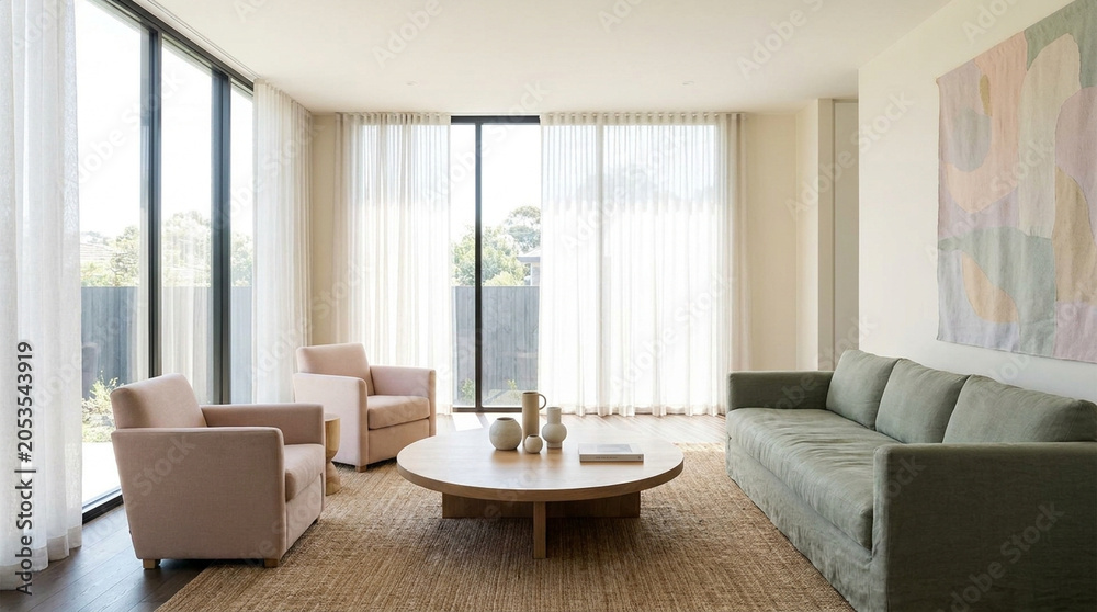 Fototapeta premium Modern Minimalist Living Room Interior Design with Furniture