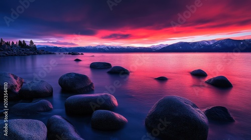 Vibrant sunset over lake tahoe with large boulders and snow-capped mountains