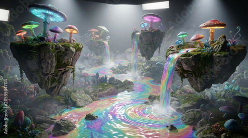 Surreal Fantasy Landscape with Rainbow Waterfall Scene