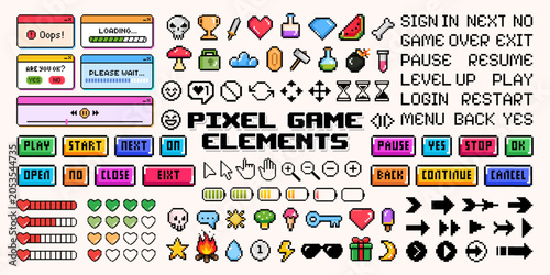 Collection of retro video game element, pixel mobile gaming app icon and halftone frame with comic text. 8 bit computer game interface, menu button, heart, star, arrow, fire and speech bubble symbol.