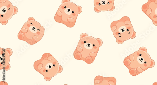 Tableau sur toile Adorable seamless pattern of cute gummy bear candies with rosy cheeks on a light yellow background, perfect for sweet-themed designs