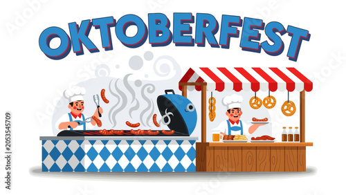 Konstfotografi Oktoberfest Celebration: A vibrant illustration depicting a lively Oktoberfest scene, with vendors serving grilled sausages and pretzels under a banner of the iconic festival name
