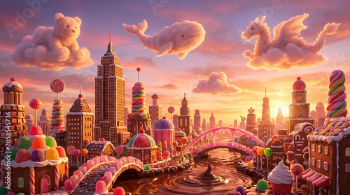 Whimsical Candy Cityscape with Fantastical Architecture and Sweet Treats