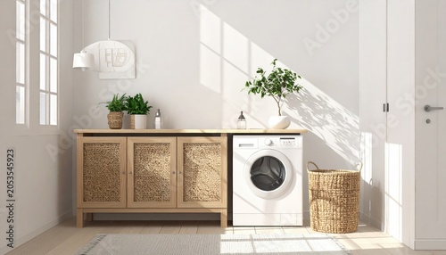 Bright, clean utility room with washing machine, wooden cabinet, plants
