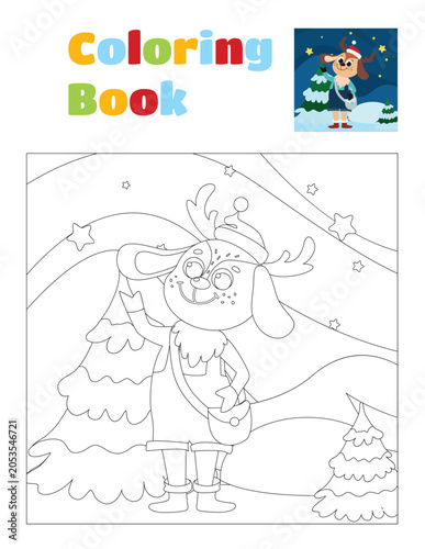 Coloring page сute cartoon deer character with santa hat in winter forest. Christmas children's illustration.