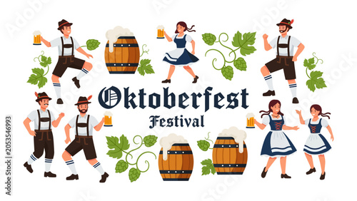 Foto Oktoberfest Festival Celebration: A vibrant illustration of a traditional Oktoberfest celebration, featuring Bavarian men and women in traditional attire, holding frothy mugs of beer