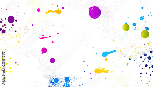 A vibrant abstract composition with a white central space, framed by colorful splatters and dotted textures. Features flowing brushstrokes