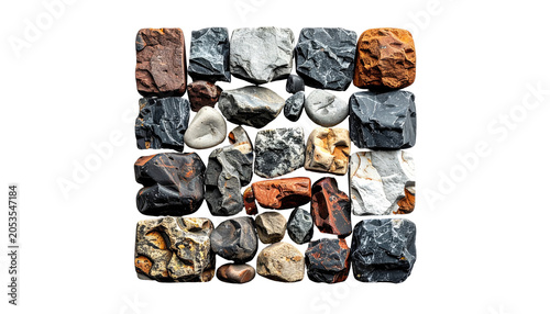 A square composition featuring an array of various-colored and shaped rocks, each distinctly textured, on a stark black background