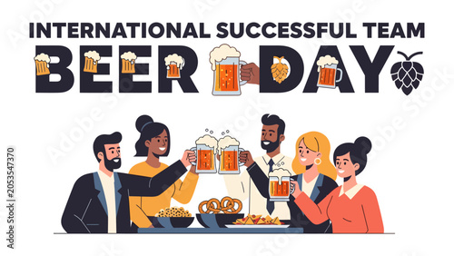 Foto International Beer Day Celebration: A diverse group of colleagues clinks their beer mugs in a toast to International Beer Day, surrounded by pretzels and hops, celebrating camaraderie and good cheer
