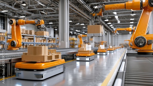 Robots lift and move packages in a warehouse during the day with a busy workflow and organized layout