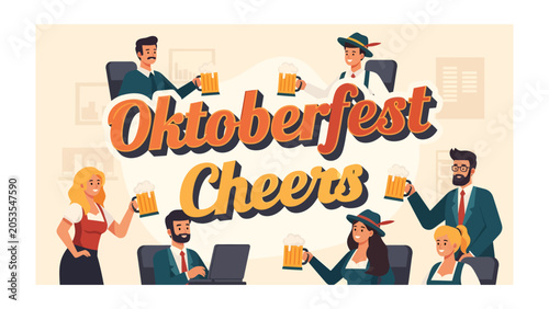 Canvastavla Oktoberfest Celebration: A festive group of diverse people in traditional attire and business wear raise beer steins in a lively toast, with the word Oktoberfest Cheers prominently displayed