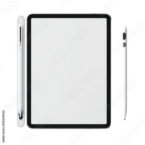 A modern digital tablet with a sleek black bezel, flanked by a stylus on both the left and right sides against a black background