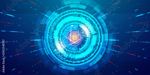 Foto Dynamic futuristic portal with rotating digital rings and orange light center in dark blue space