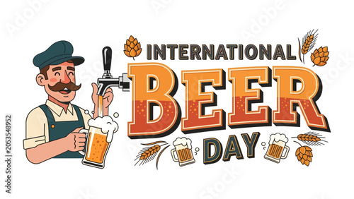 Billede på lærred International Beer Day Celebration: A jovial bartender pours a frothy pint of beer, celebrating International Beer Day with hops, barley, and festive typography