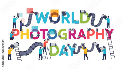 Illustration for World Photography Day: A vibrant and playful illustration depicts people actively engaged in creating and celebrating World Photography Day using cameras and film reels.