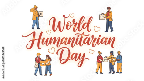 Foto World Humanitarian Day Celebration: A heartwarming illustration depicts individuals coming together to celebrate World Humanitarian Day, sharing aid and compassion with gentle hearts