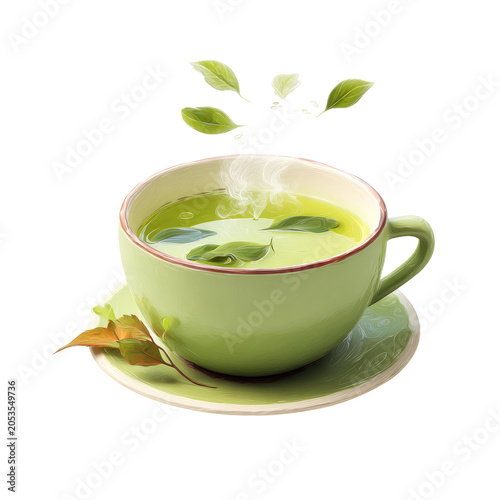 A serene image showcasing a vibrant green tea, steaming gently in a pastel-green teacup, with floating green leaves against a black background