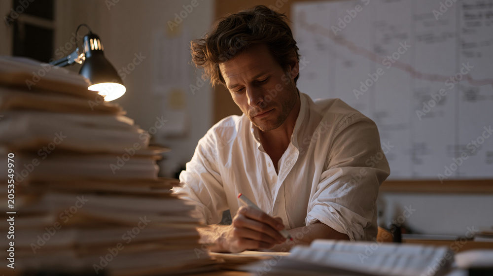 Fototapeta premium Forensic accountant in shirtsleeves surrounded by towering stacks of financial ledgers and printed transaction records using red marker to trace payment trail across timeline