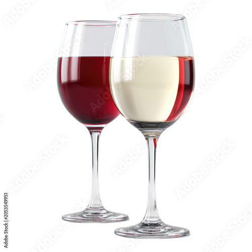 Two stemmed glasses with wine. One filled with red, the other with white. Light reflects off the glass, with a transparent view of contents
