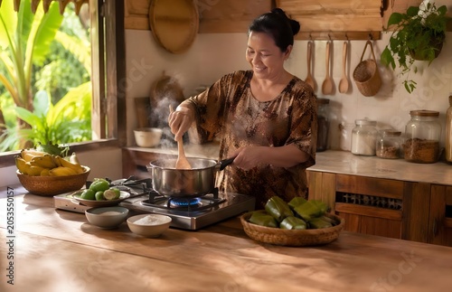 Woman cooking with fresh green vegetables.
