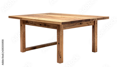 A square wooden table with thick legs and a flat top. The grain of the wood is visible and the table is isolated against a black background