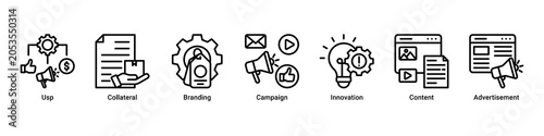 Fotografie Creative Strategy web banner icon vector illustration with icons of Usp, Collate