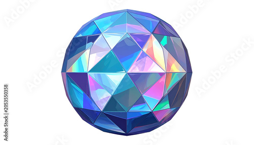 A faceted, crystal sphere with iridescent, geometric shapes reflecting light. The polished object rests on a black background