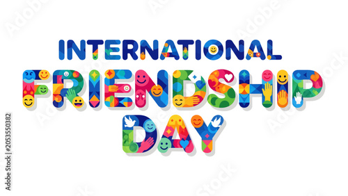 Canvastavla International Friendship Day: A vibrant, colorful typographic design spells out International Friendship Day, adorned with a medley of emojis and symbols representing connection, happiness
