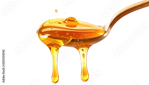 A close-up shows a spoon holding golden, viscous liquid. The liquid drips down in thick, glistening strands against a black background