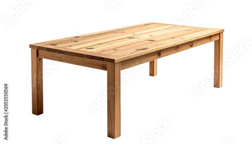 A large, rectangular wooden table with a light brown finish stands isolated against a black background, showcasing its simplicity