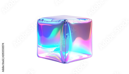 A 3D render of a transparent, inflated, geometric form, exhibiting iridescent colors. The shape is a cube, with smooth transitions