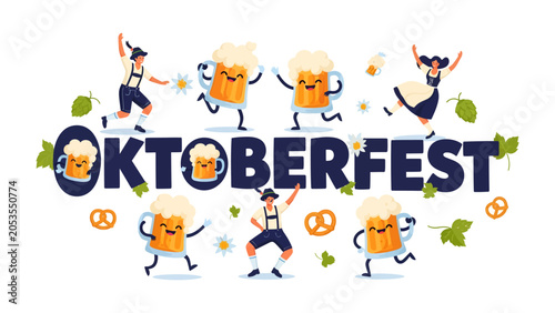 Canvastavla Oktoberfest Celebration with Dancing People and Happy Beer Mugs: A vibrant illustration depicting a festive Oktoberfest scene with cheerful characters dancing around the word OKTOBERFEST