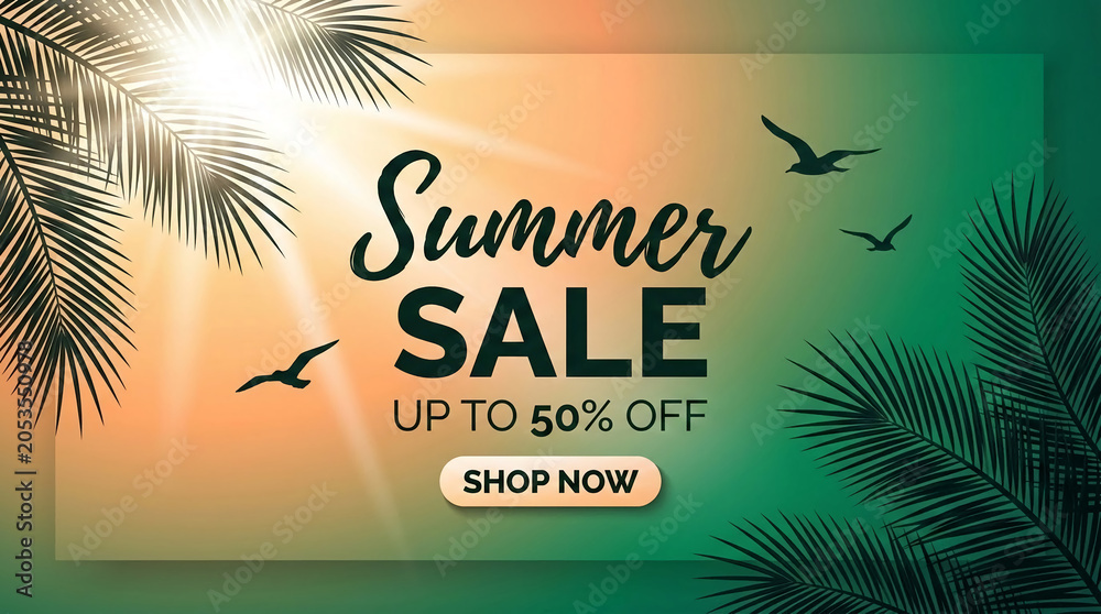 Obraz premium Tropical foliage and sunbeams framing a summer sale announcement, symbolizing vacation deals and warm season shopping