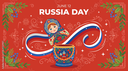 Obraz na płótnie June 12 Russia Day template with matryoshka doll and ribbon flag