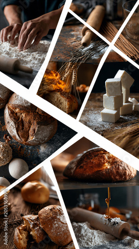 a montage of mouthwatering baking materials and baking technique images in a grid formation separated by a white keyline creating a dynamic layout