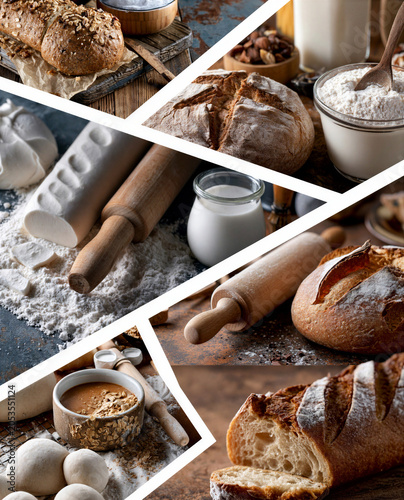 a montage of mouthwatering baking materials and baking technique images in a grid formation separated by a white keyline creating a dynamic layout