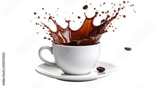 A white coffee cup filled with erupting brown liquid, surrounded by coffee beans, and positioned on a white saucer against a black backdrop