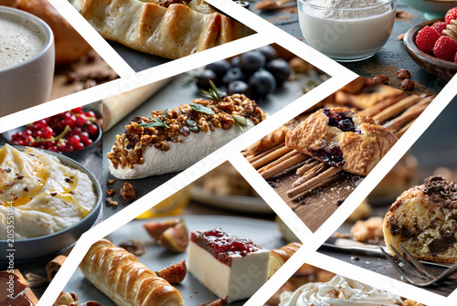 a montage of mouthwatering baking materials and baking technique images in a grid formation separated by a white keyline creating a dynamic layout