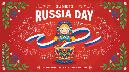 Schilderij op canvas Russia Day celebration banner with flag ribbon and nesting doll