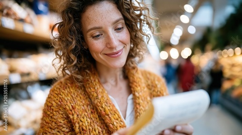 A curly-haired woman smiles softly while reading a grocery list in a busy marketplace, conveying warmth and engagement with her shopping experience.