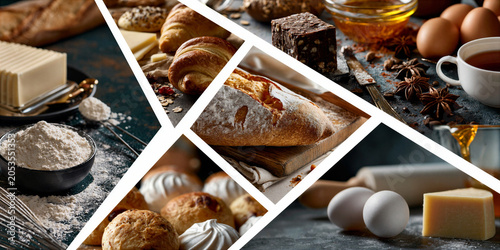 a montage of mouthwatering baking materials and baking technique images in a grid formation separated by a white keyline creating a dynamic layout