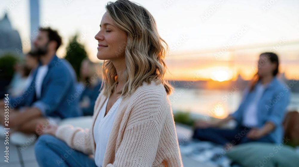 Fototapeta premium A calm woman meditates peacefully during sunset, enveloped in a serene atmosphere that highlights mindfulness, relaxation, and personal growth in a group setting.