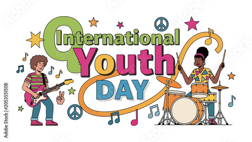 Canvas Print International Youth Day Celebration: A vibrant illustration celebrating International Youth Day, featuring young people enjoying music with instruments like guitars and drums