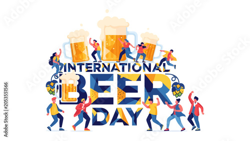 Obraz na plátne International Beer Day Celebration: People joyfully celebrating International Beer Day with large mugs of beer and hop decorations, embracing the spirit of camaraderie and festivity
