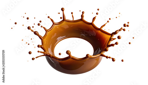 A dynamic, dark-chocolate-colored liquid splash on a black background. The splash forms a crown-like shape, creating a ring of dark liquid