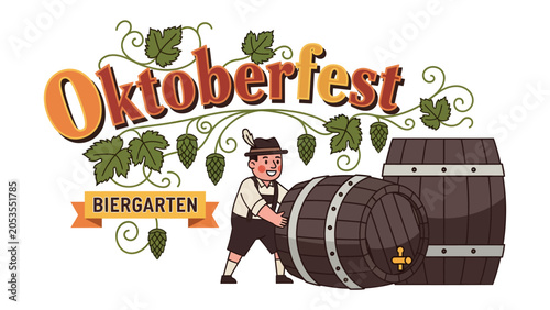 Canvastavla Oktoberfest Biergarten Scene: A jovial Bavarian man in traditional attire rolls a large beer barrel in a vibrant Oktoberfest biergarten, surrounded by hops and leaves, exuding a festive atmosphere